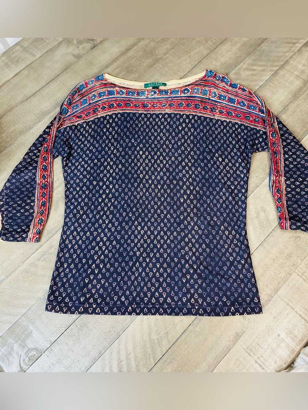Lauren Ralph Lauren Mixed Print Boatneck Blouse Navy Blue Red Boho 3/4 Sleeve M